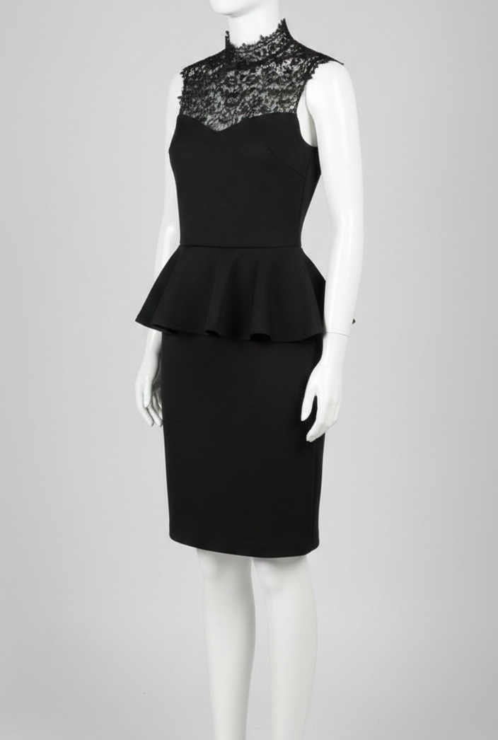 Robe noire sans manches, parfaite pour les occasions spéciales. Elle se distingue par un élégant col en dentelle florale avec un joli nœud satiné à l’arrière