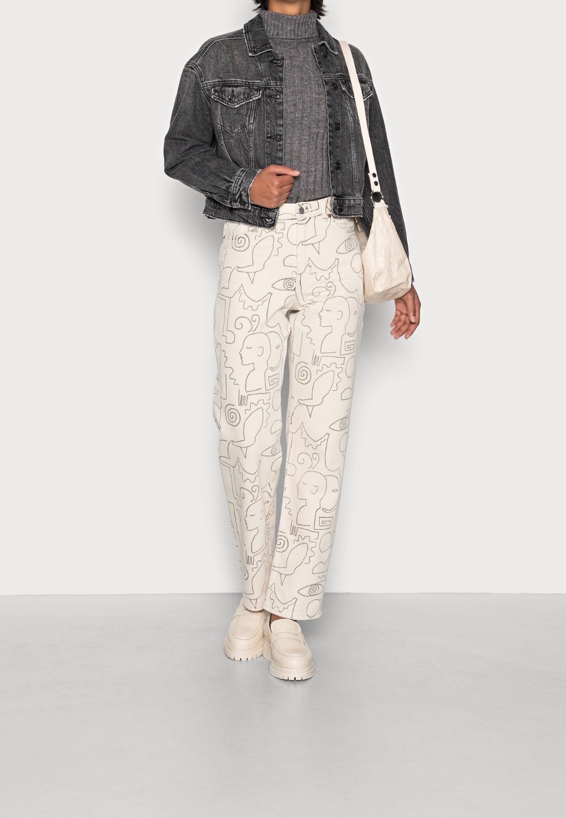 Monki face pattern ecru high waist straight leg jeans