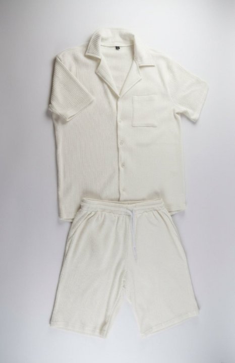 Ensemble d'été 2 pièces (Chemise + Short) blanc gaufré - Taille M