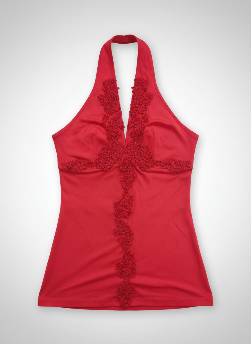 Top dos nu rouge avec broderies en dentelle