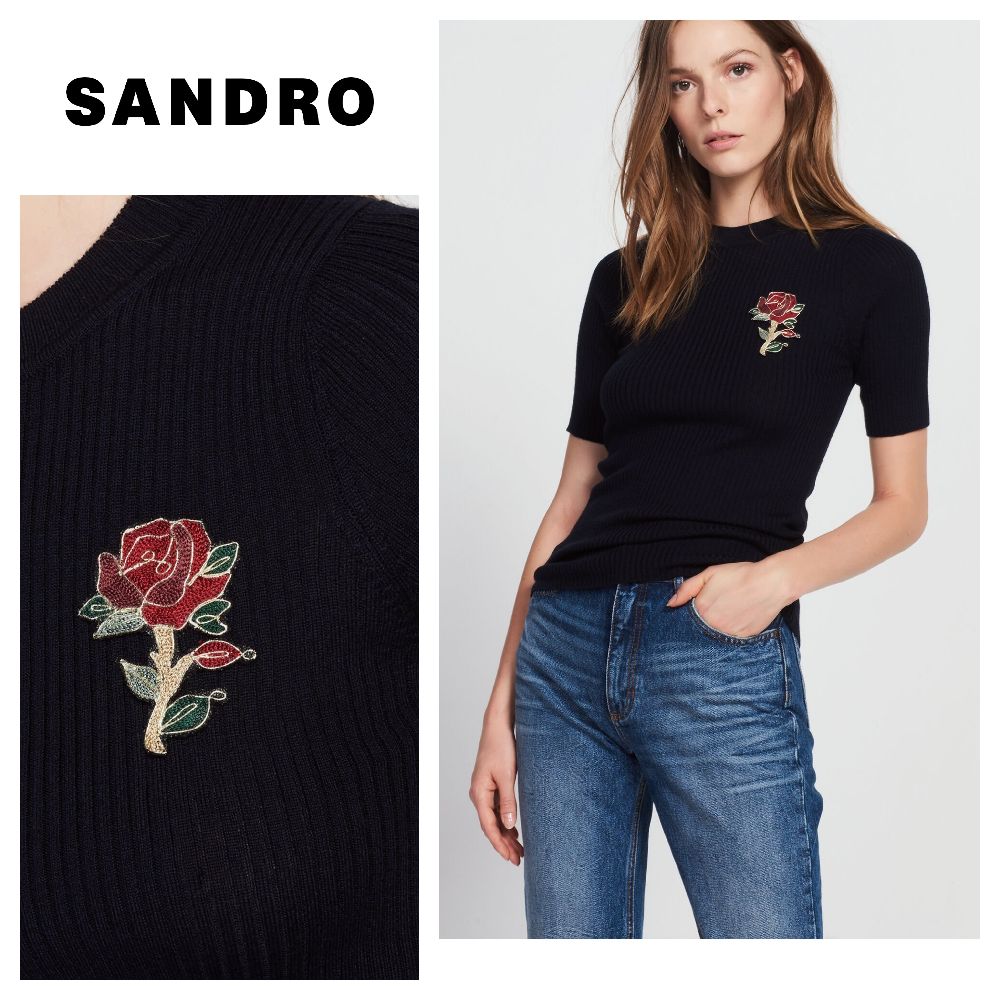 Pull sandro authentique en tricot brodé de rose bleu bleu marine