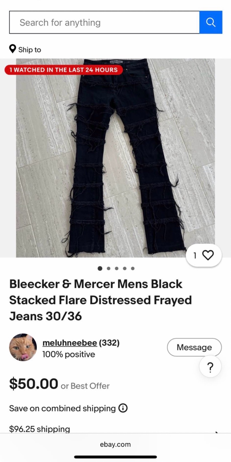 Bleecker & Mercer Mens Black Stacked Flare Distressed Frayed Jeans