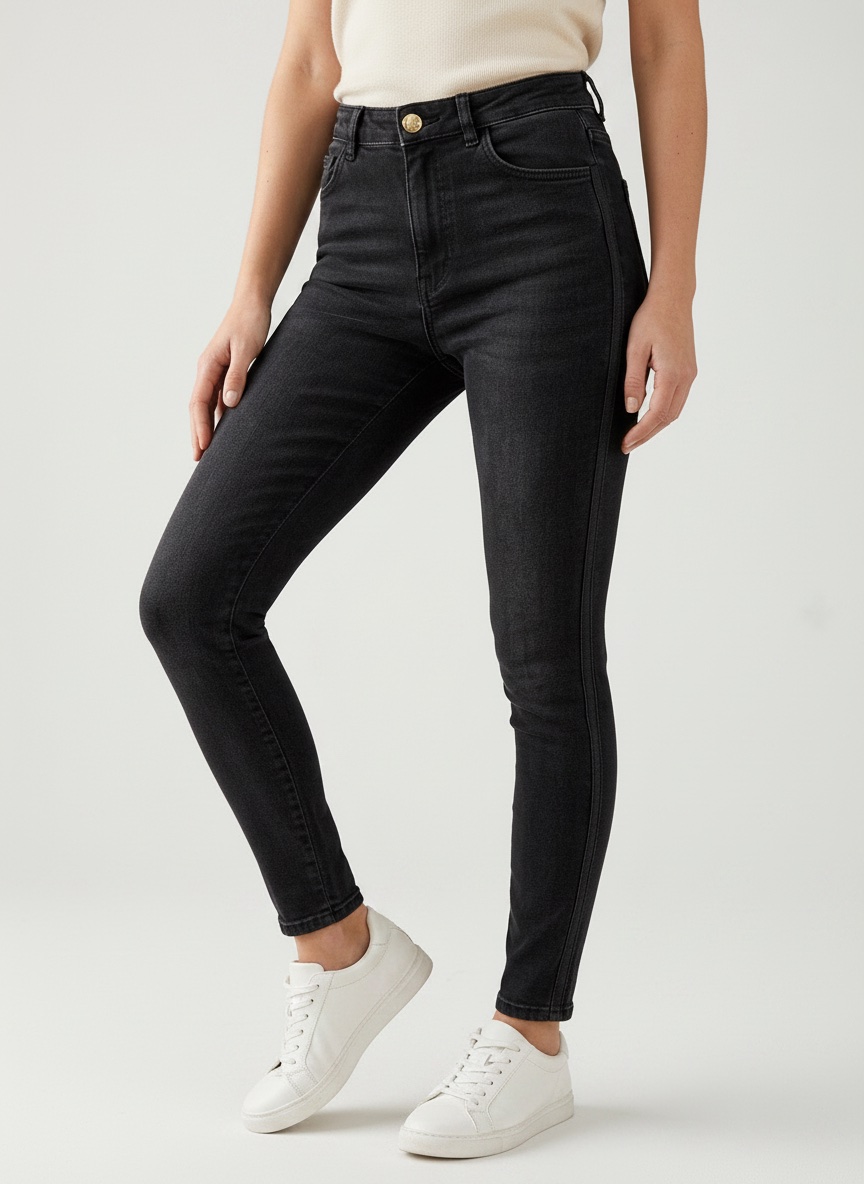 Jean Skinny ZARA Noir Délavé Taille Haute – Bouton Doré – Excellent état