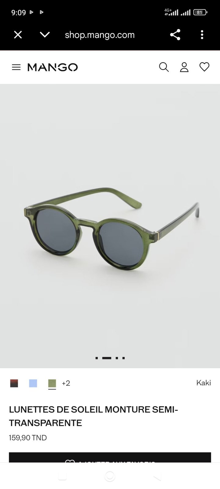 Lunettes de soleil Mango, monture semi-transparente kaki