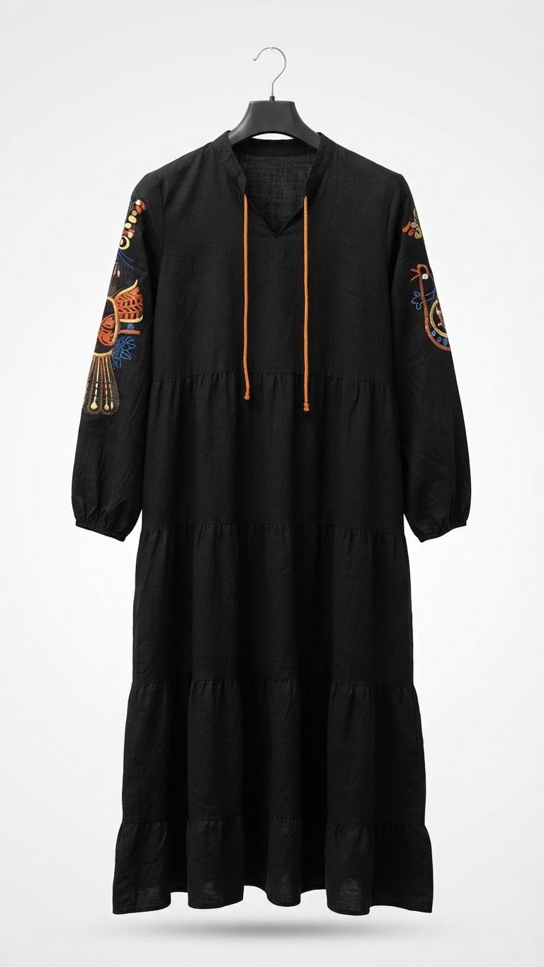 Robe Longue Bohème Noire avec Broderies Ethniques et Cordon Orange