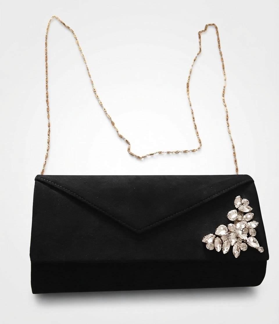 Pochette de soirée en suédine noire avec bijoux strass et chaîne dorée