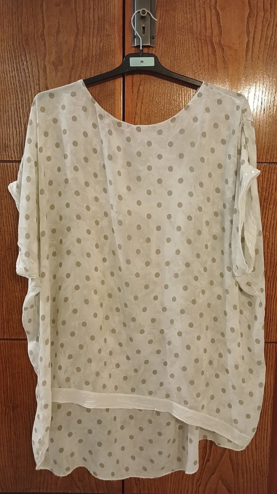 Tunique fluide asymétrique blanche à pois gris – Taille XL/XXL – Très bon état