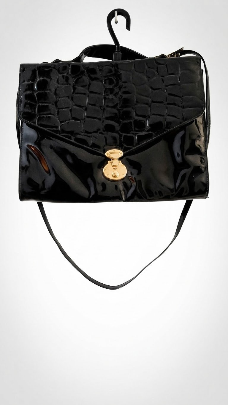 Sac mallette vintage en cuir verni noir et effet croco