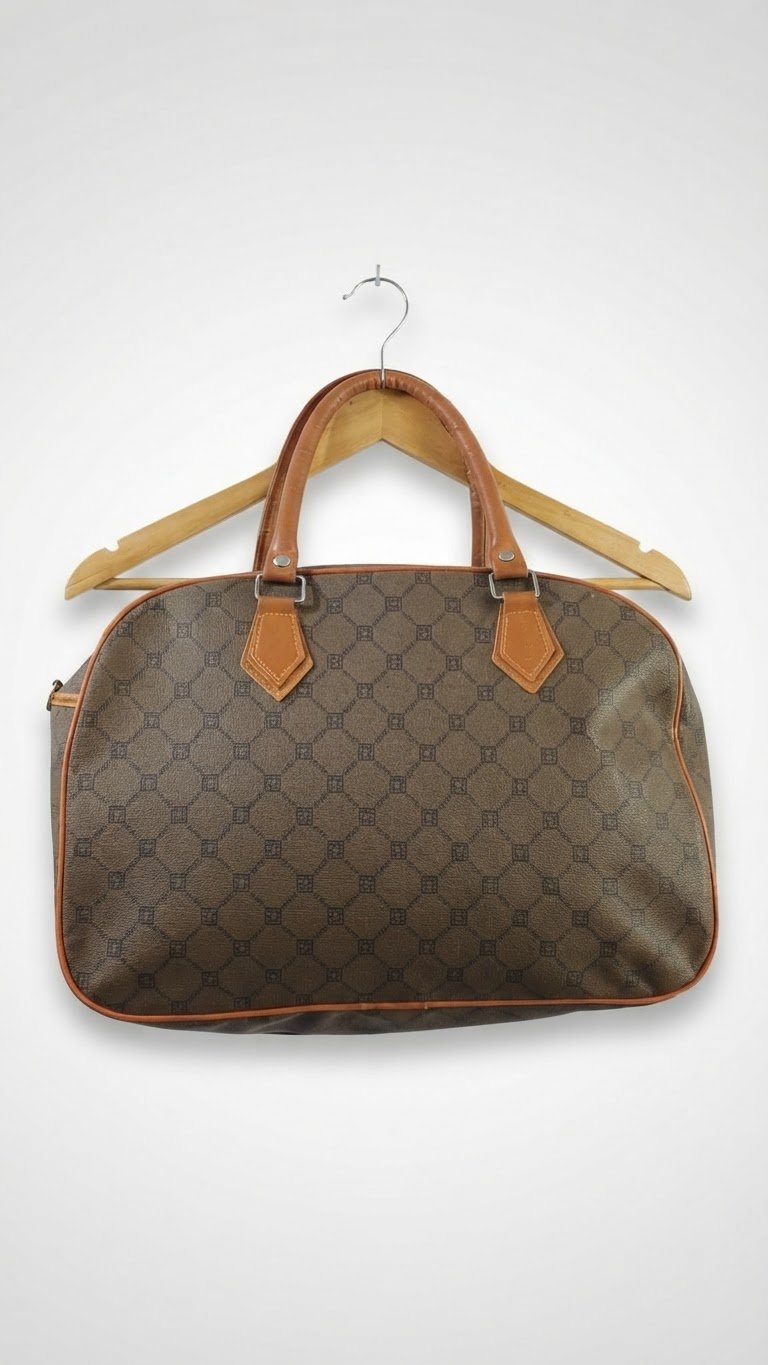 Sac bowling vintage marron à motif monogramme et détails camel