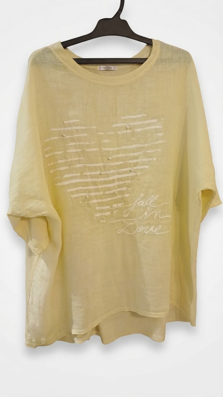 Tunique / Top fluide Florencia jaune pastel à motif cœur – Taille 44 (XL)