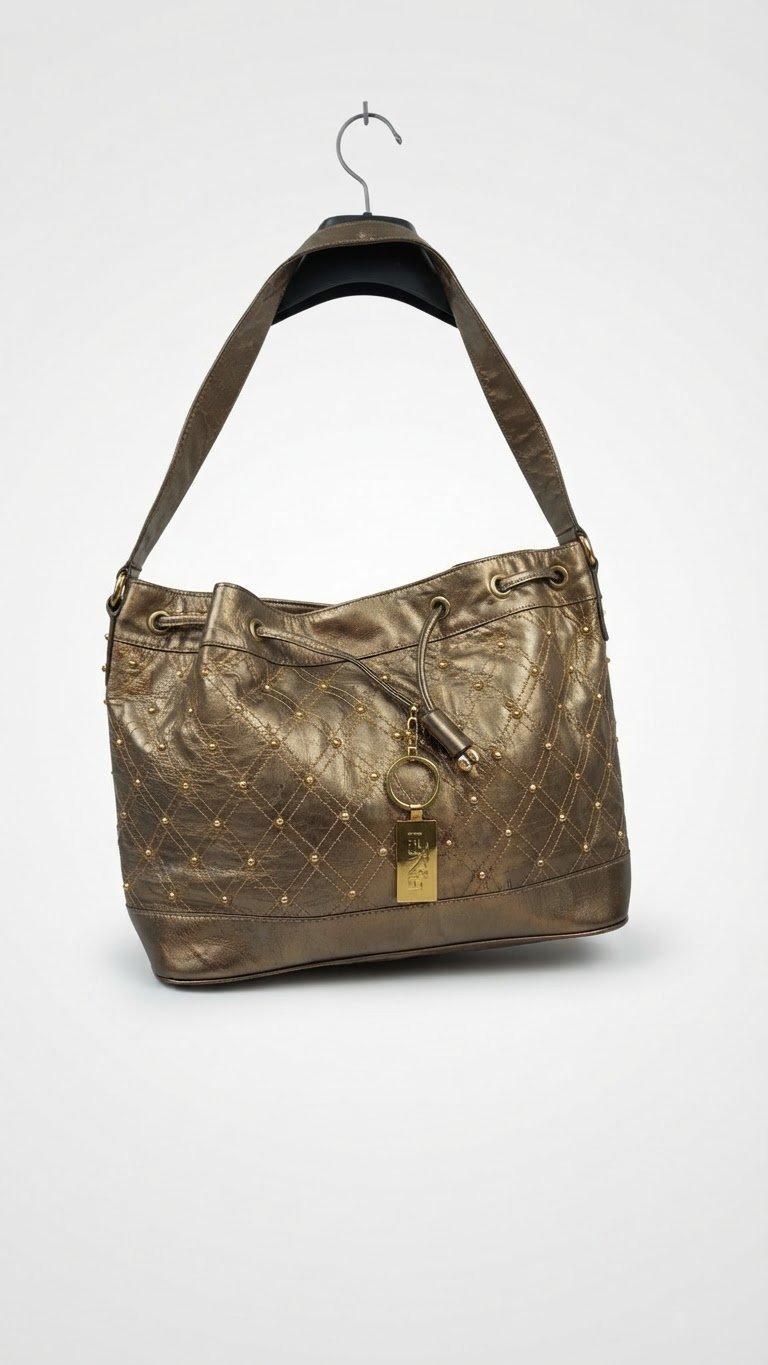 Sac seau vintage effet cuir métallisé bronze et clous dorés