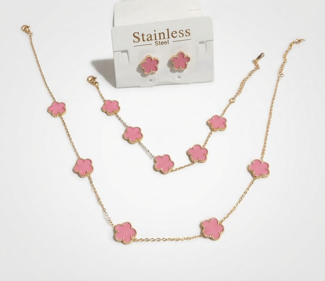 Parure bijoux fleurs roses – Acier inoxydable