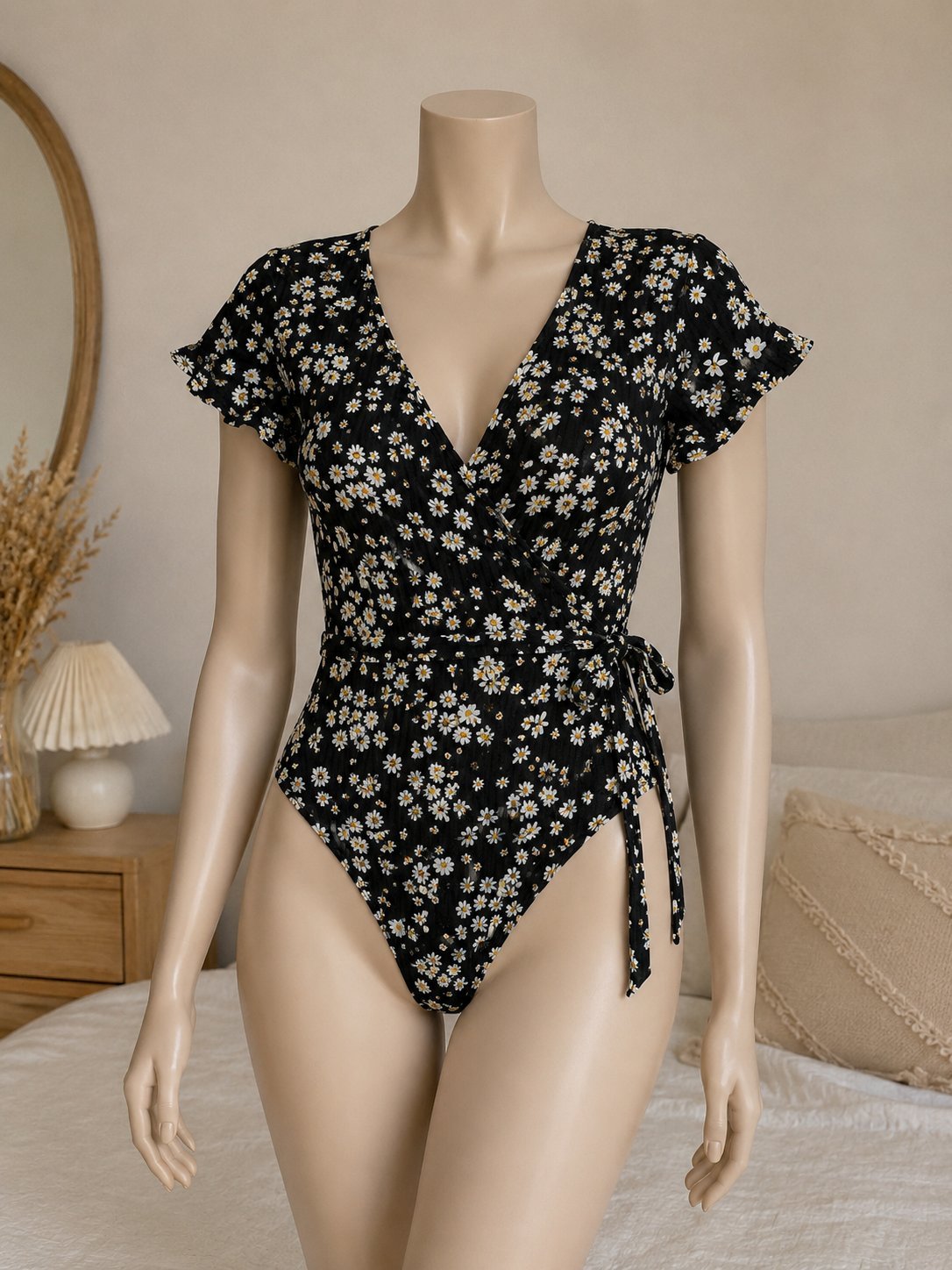 Maillot de bain une pièce fleuri – Noir & Blanc