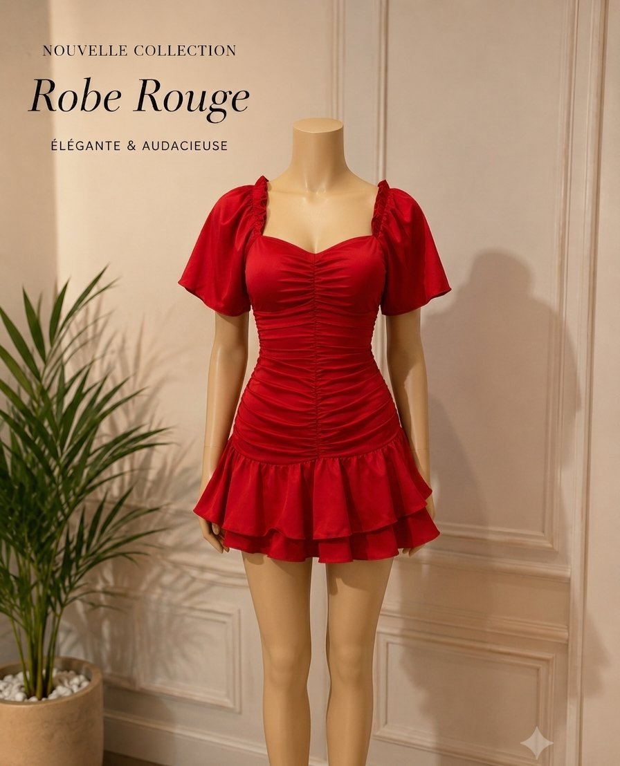 Robe Mini Rouge à Manches Bouffantes