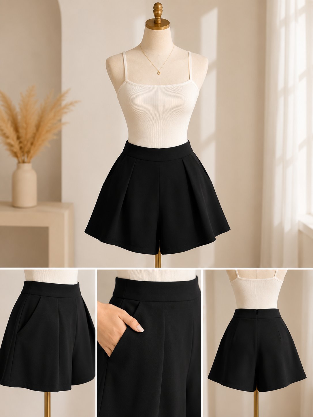 Short Noir Évasé Taille Haute avec Poches_ONLY🤍
