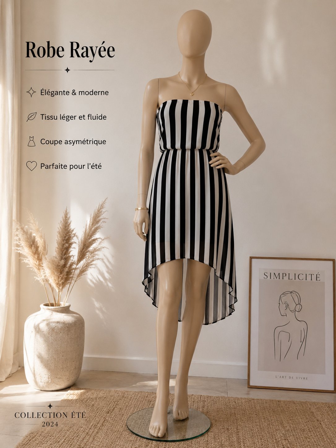Robe Bustier Rayée Noire et Blanche – Coupe Asymétrique Élégante