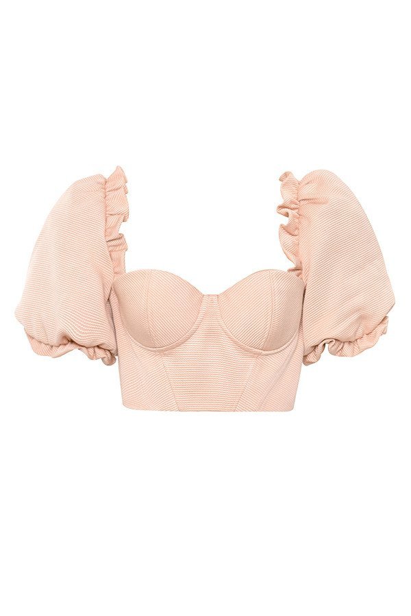 Crop Top corset rose poudré avec manches bouffantes