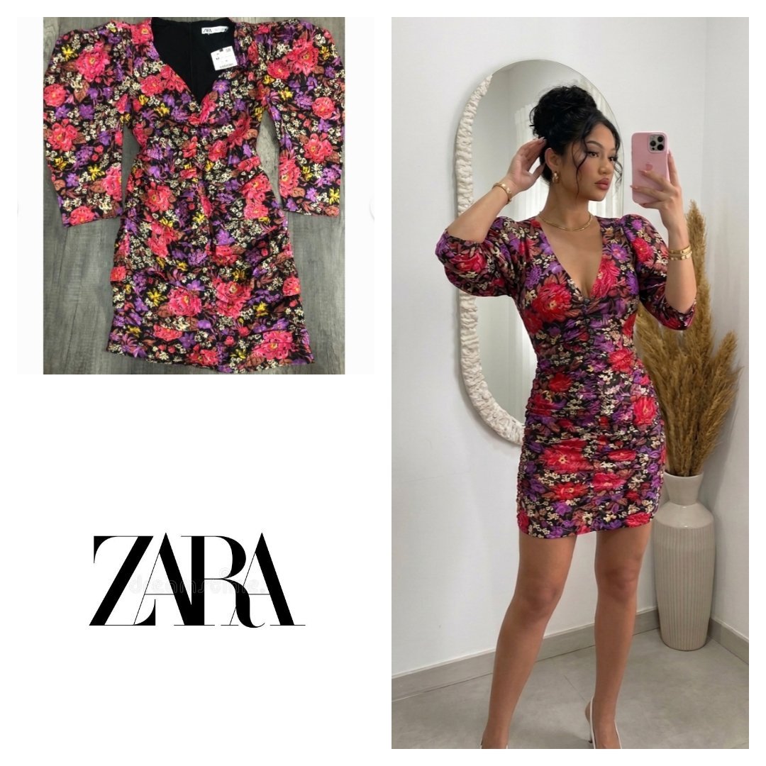 Zara Satin Floral Imprimé Pink Violet Dress V Col