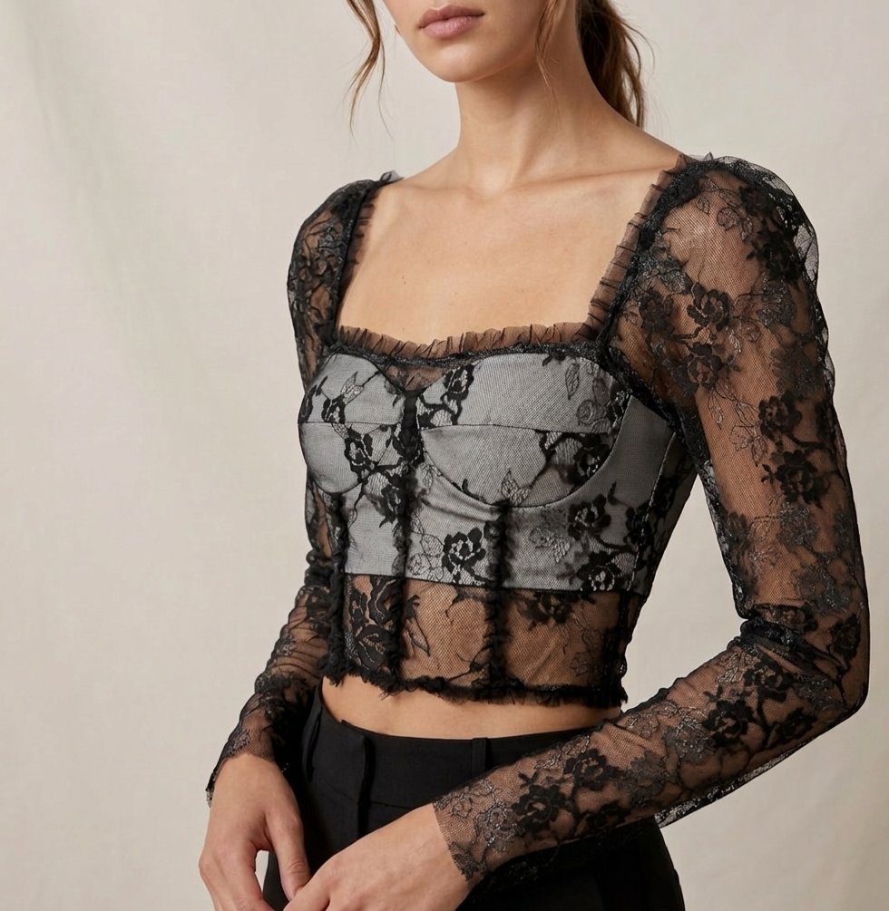Top style corset en dentelle pailleté manches longues