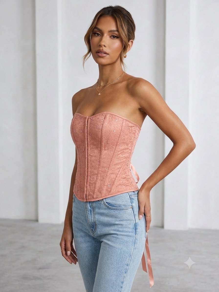 Corset Buste Bustier Élégant – Rose poudré / Peêche délicat. & Pailleté