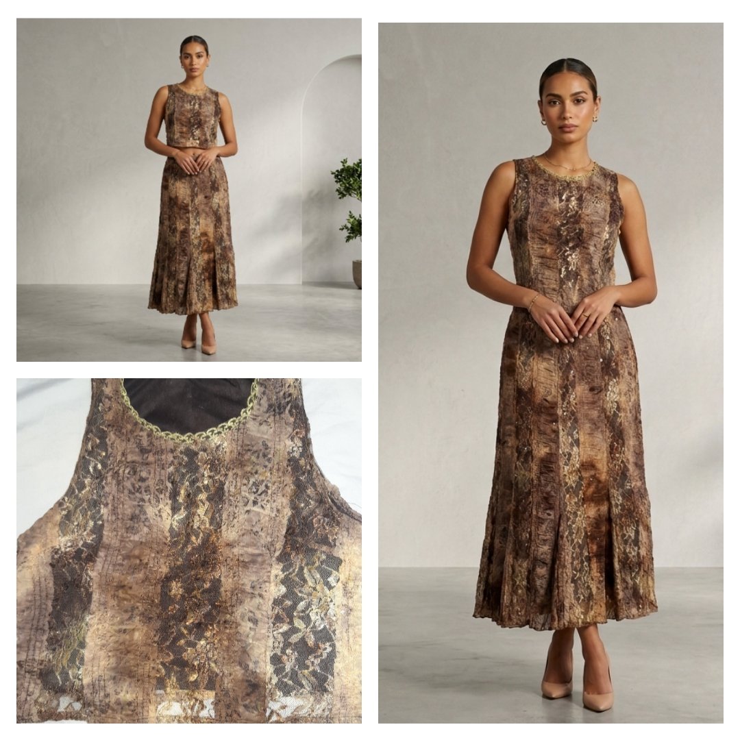 Ensemble Deux Pièces en Tissu Marbré Texturé et Dentelle