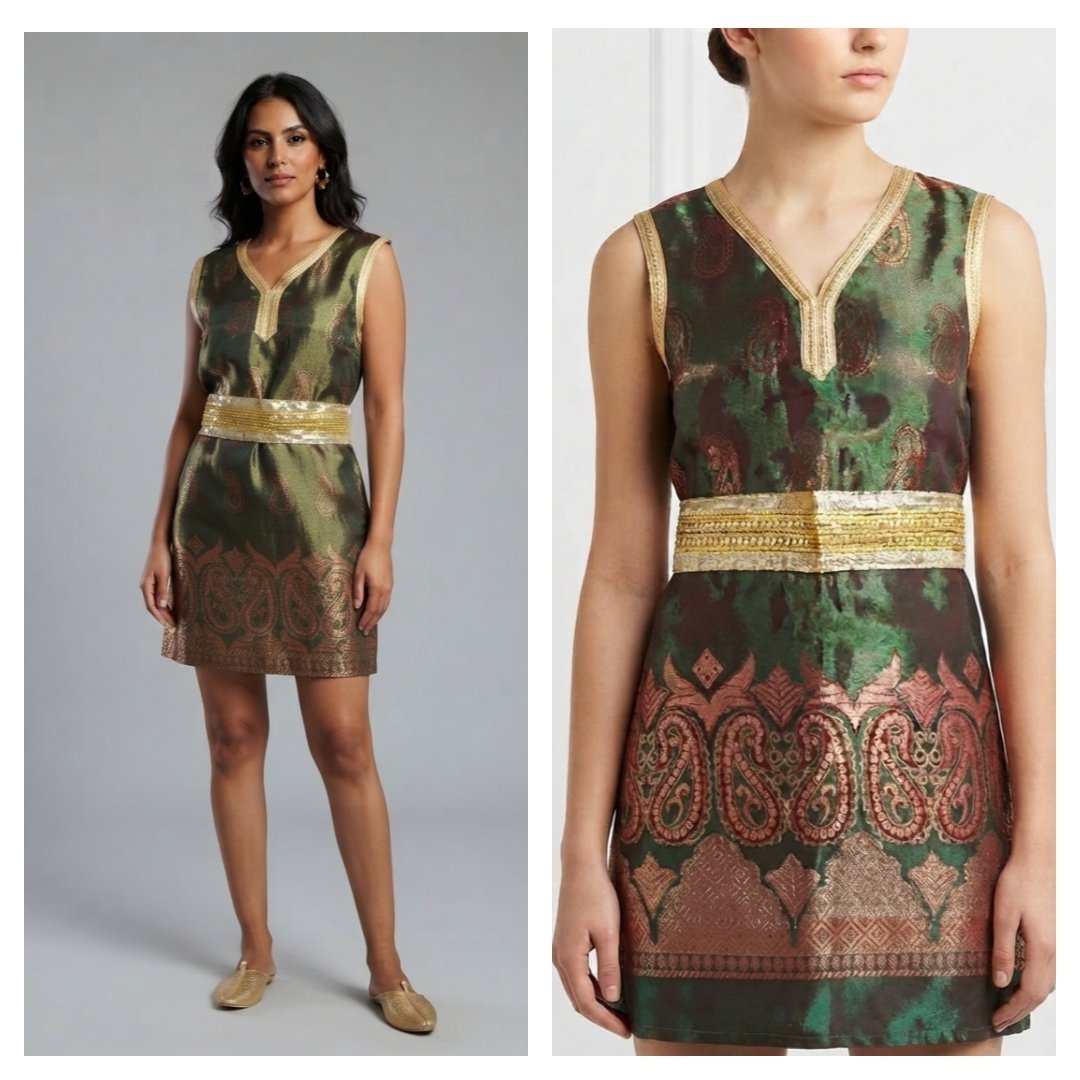 Robe de hammam / Mini-robe en brocart vert et cuivre