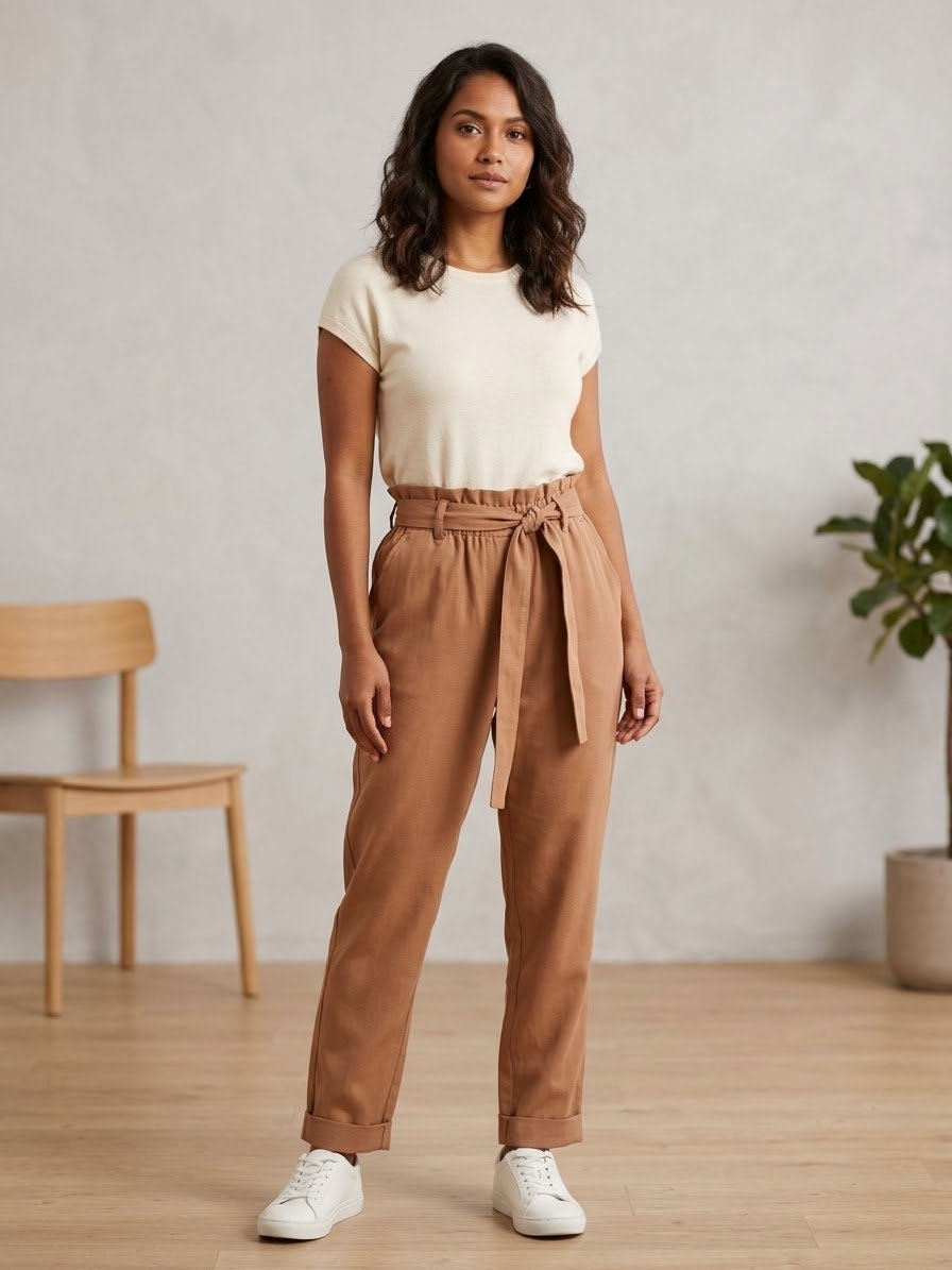 Pantalon à taille "paperbag" marron