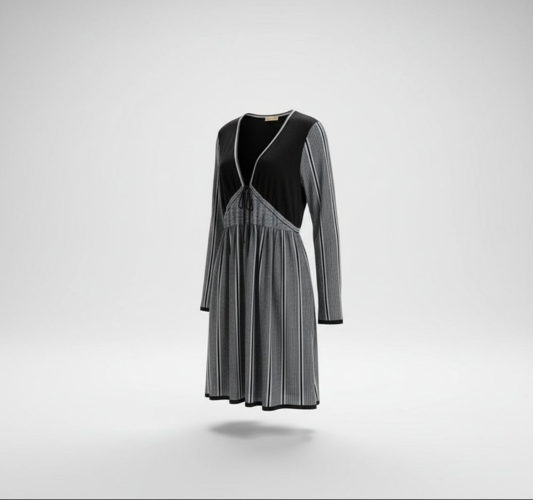 Robe noire et grise à motifs rayés provient de la marque BIBA
