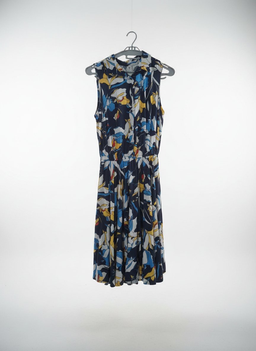 Robe d'été mi-longue sans manches à motif fleuri bleu, jaune et blanc