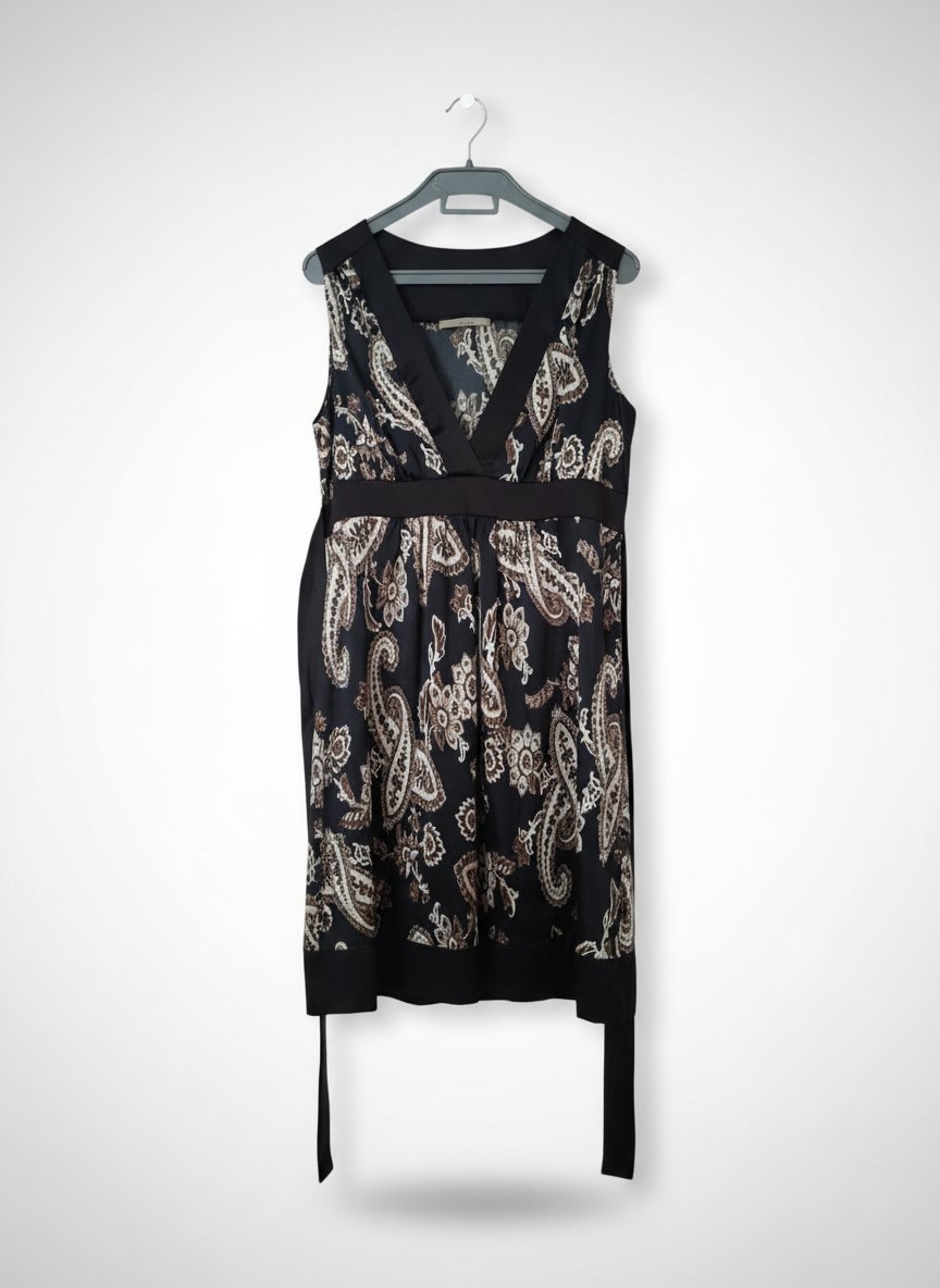Robe fluide satinée motif cachemire marron et crème