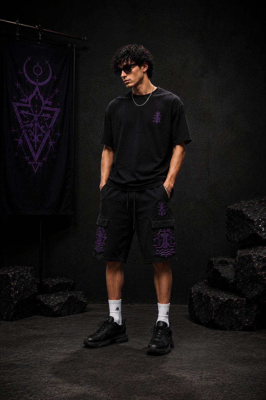 BLACK / PURPLE CARGO — SS25  شورت كارغو R1 بقصة عادية و مريحة، مصنوع من دجين washed black مع طريزة بنفسجية مستوحاة من الستريت وير العصري.  • R1 fit • طريزة premium • جيوب cargo • دجين washed black • ستريت وير عصري