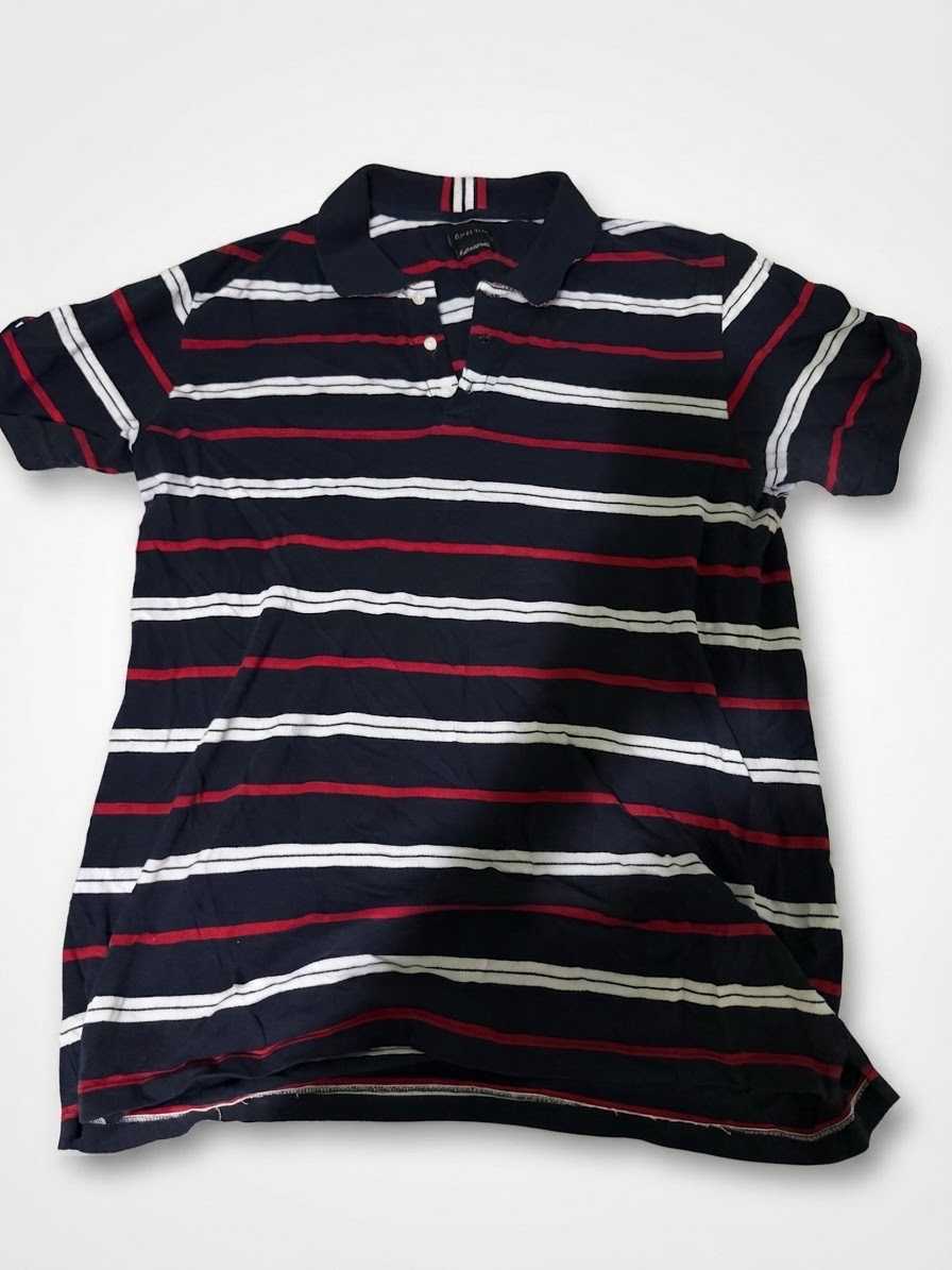 Eight Mon Striped Polo Shirt — navy blue with red & white stripes.