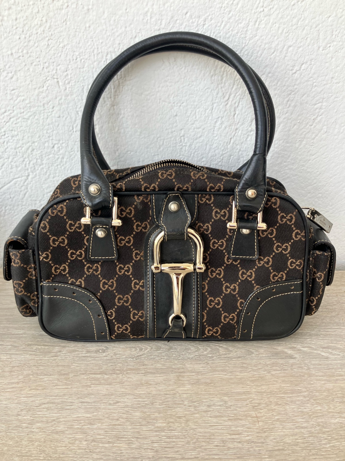 Sac à main style Gucci Horsebit – Jacquard Noir & Marron