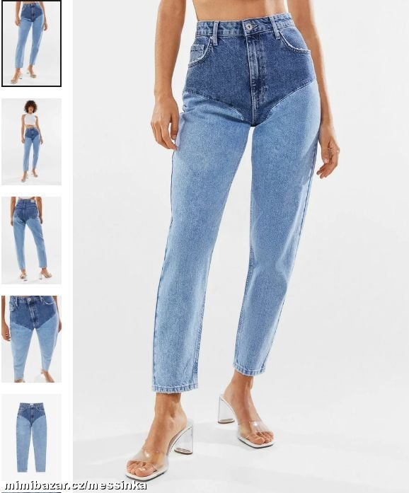 Jeans Bershka présentent un design bicolore distinctif avec un empiècement en forme de V inversé sur la taille et les hanches,. 