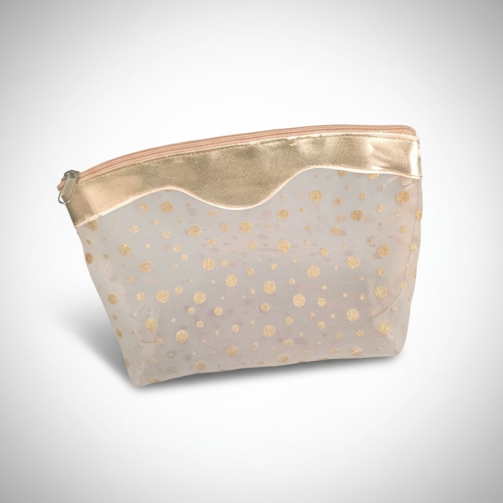 Trousse de maquillage transparente à pois dorés 