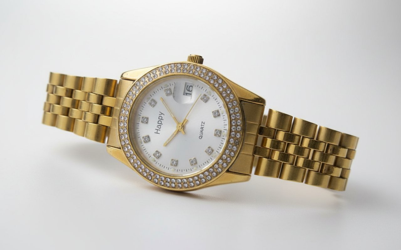 Une montre féminine et bracelet à maillons en acier inoxydable de couleur dorée, offrant une brillance éclatante et une grande durabilité.