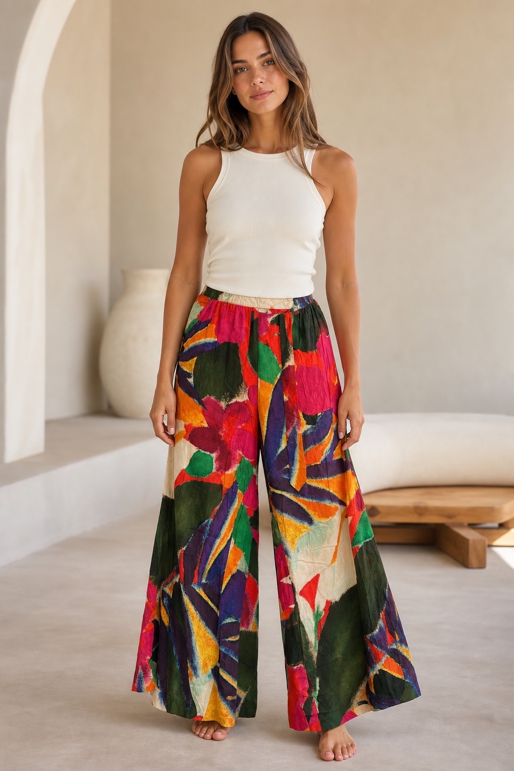 Pantalon Large Imprimé Multicolore Tropical 🌺🌴
