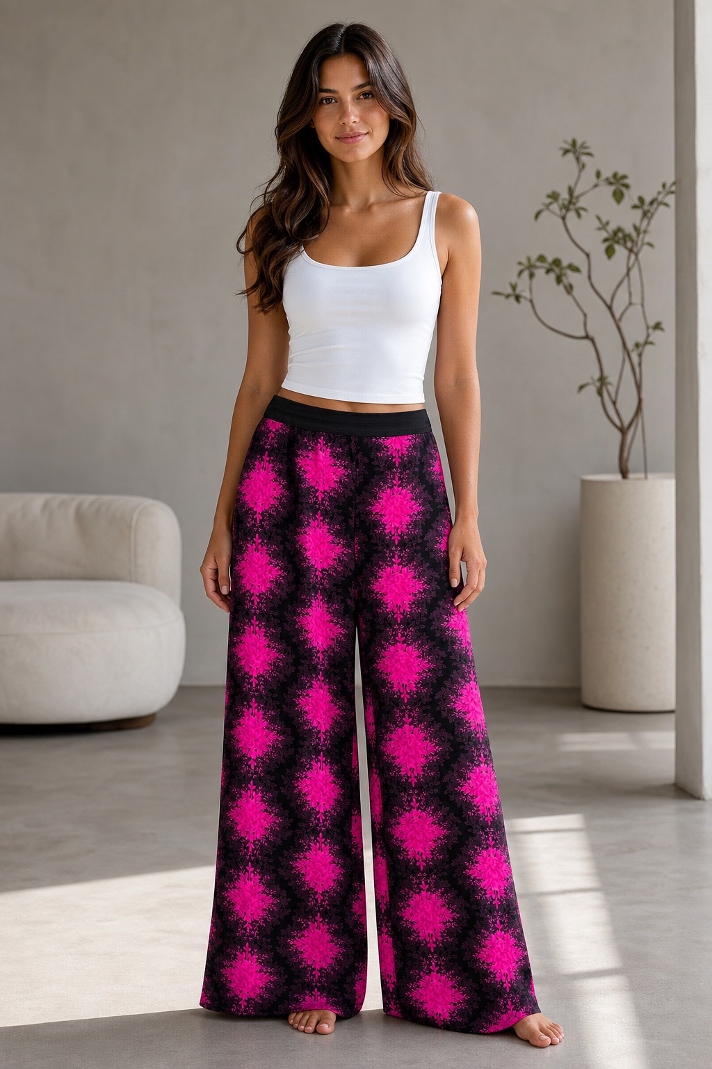 Pantalon Large Imprimé Floral Noir & Rose - Élégant ✨🌸