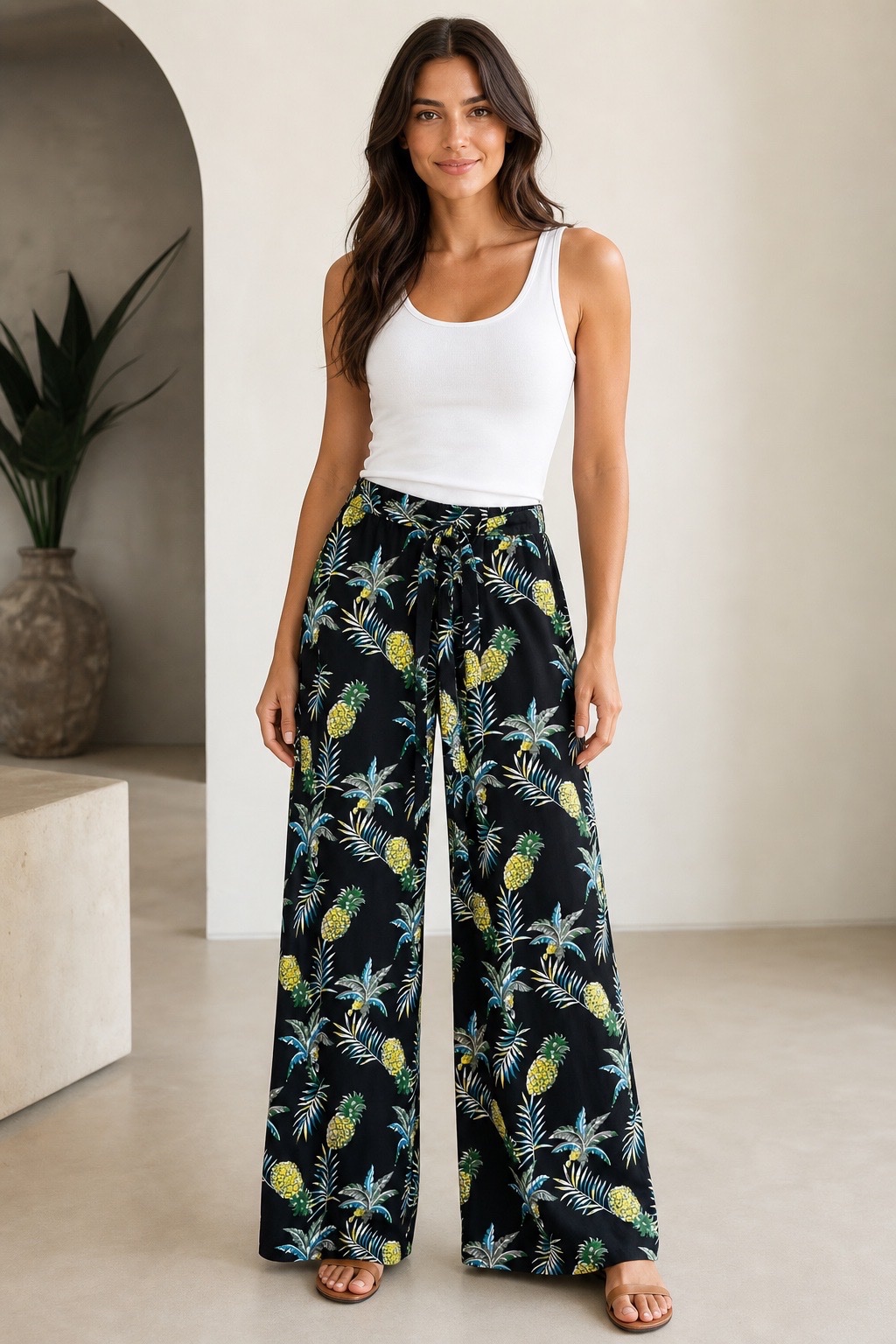 Pantalon Large Imprimé Ananas & Palmiers 🍍🌴