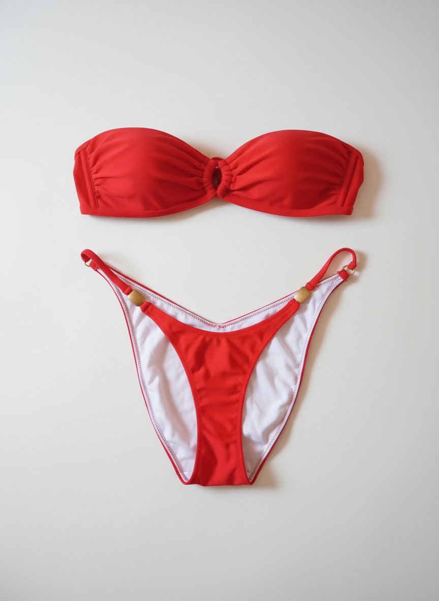 This is a red two-piece bikini set featuring a strapless bandeau top and a high-cut bottom accent.