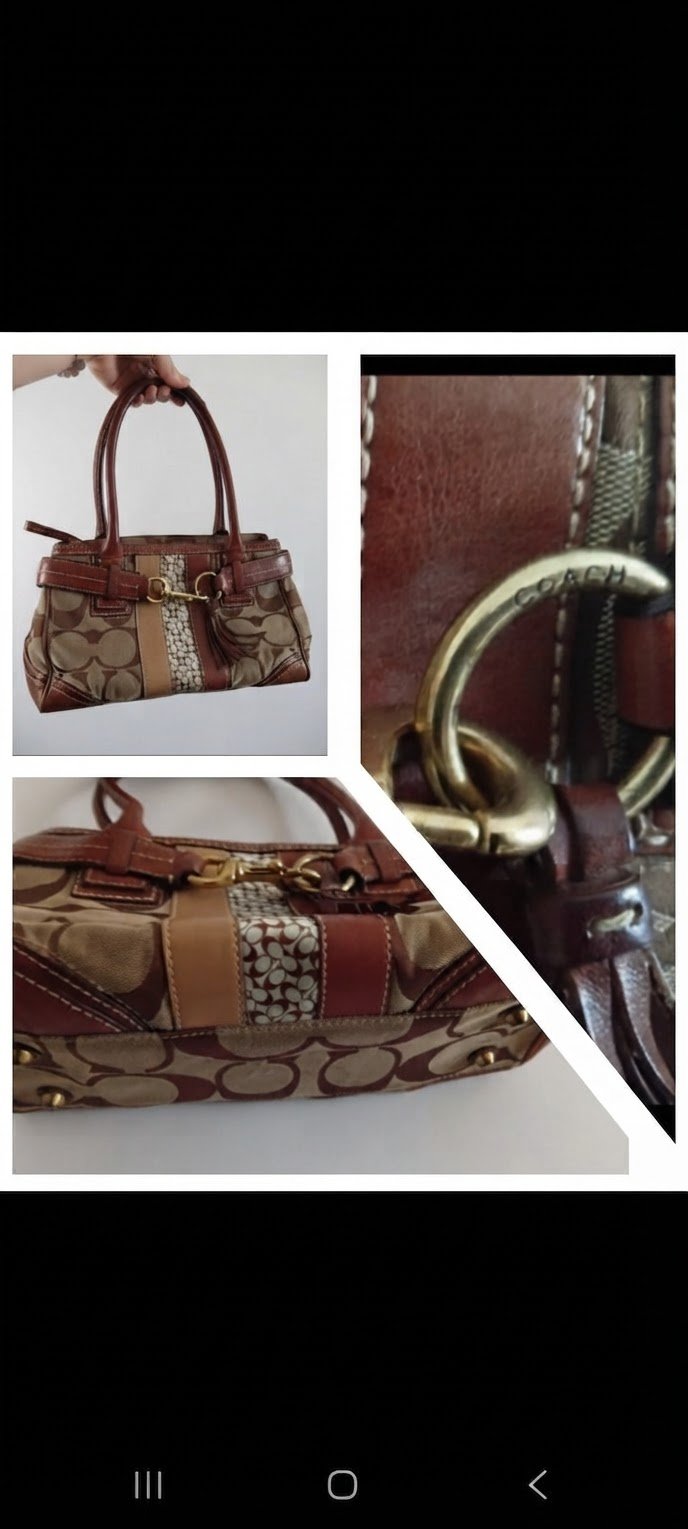 Sac Coach Authentique – Monogramme & Cuir   Élégant sac à main en toile monogramme beige/marron et cuir véritable, détails raffinés avec fermoir style mors en laiton doré et anses robustes. 