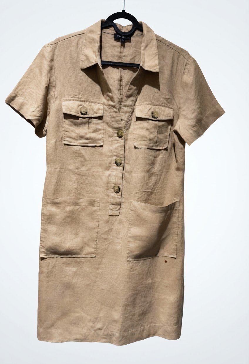 Carol Paris Tan Linen Short Sleeve Dress - Women's Sz 8 (French Sz 38)