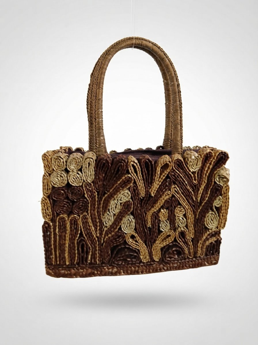 Ce sac est en raphia tressé, caractérisé par un style bohème et tropical très populaire dans l'artisanat des années 1960 à 1980