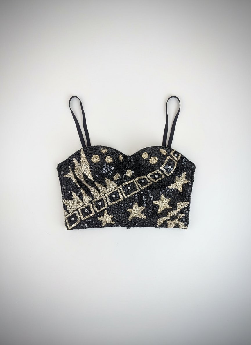 This garment is a glamorous, celestial-themed sequined bustier top featuring heavily detailed monochrome hand-embellishment.