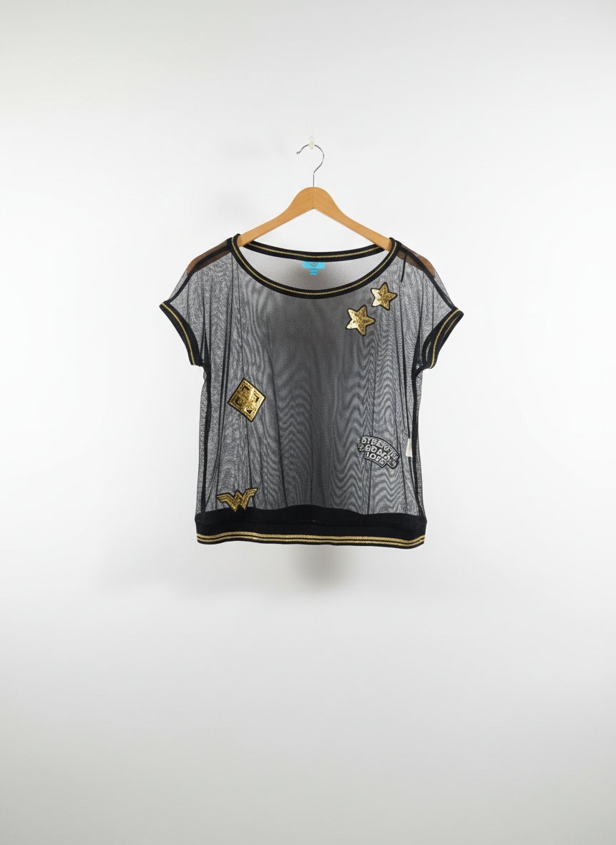 This black mesh Wonder Woman crop top blends casual streetwear with iconic superhero imager