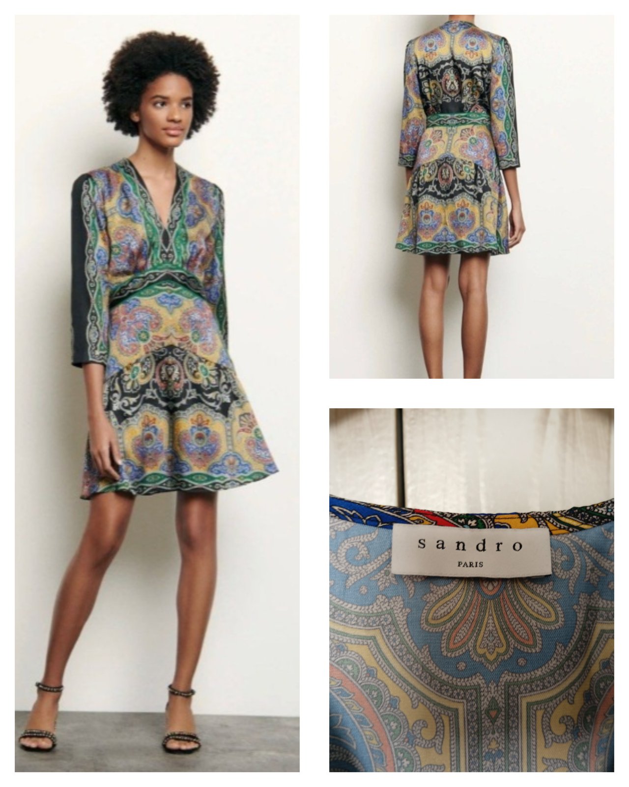 Robe courte plissée/satinée à imprimé cachemire (modèle Rayan) de la marque Sandro Paris.