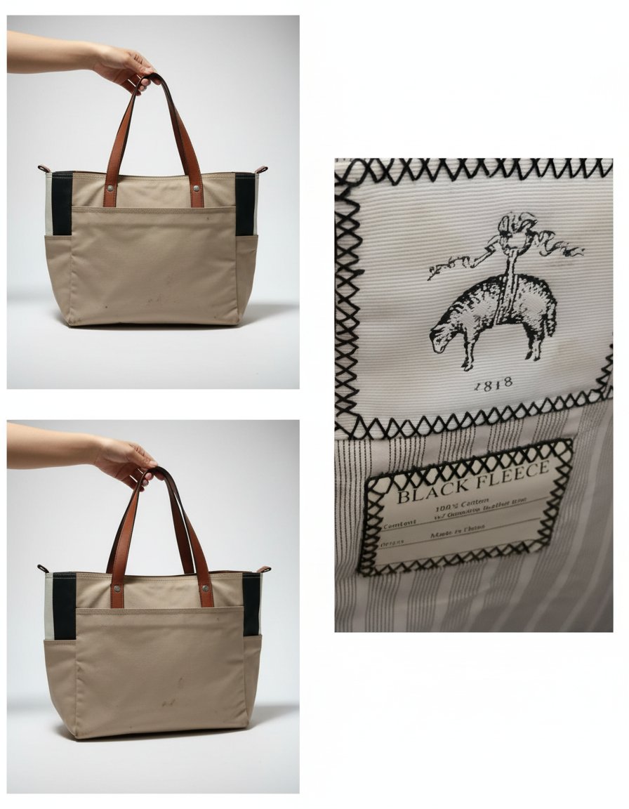 Sac Black Fleece : Élégant tote bag beige avec anses en cuir marron et détails tricolores (rouge, blanc, noir). Authentique, 100% coton, pratique avec poche extérieure et finition soignée