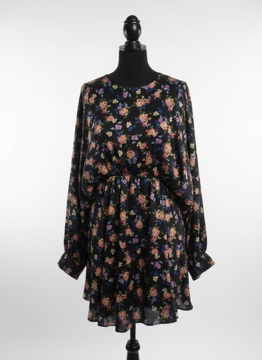 Zara Black Floral Print 3/4 Batwing Sleeve Mini Dress 
