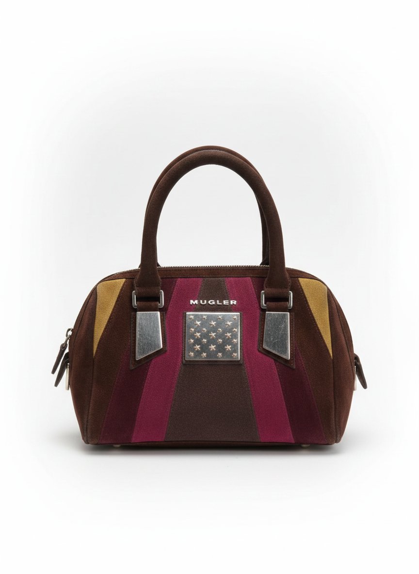 This is a vintage Thierry Mugler multi-colored panel suede top-handle bag.