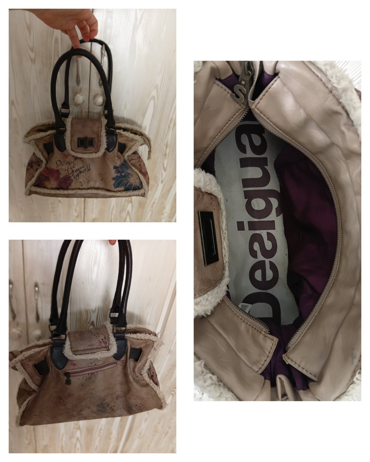 Sac Desigual : Tote beige avec finitions en fausse fourrure, motifs floraux colorés et inscription “Desigual forever!!”, intérieur violet signé de la marque. Original et tendance, parfait pour un look unique.